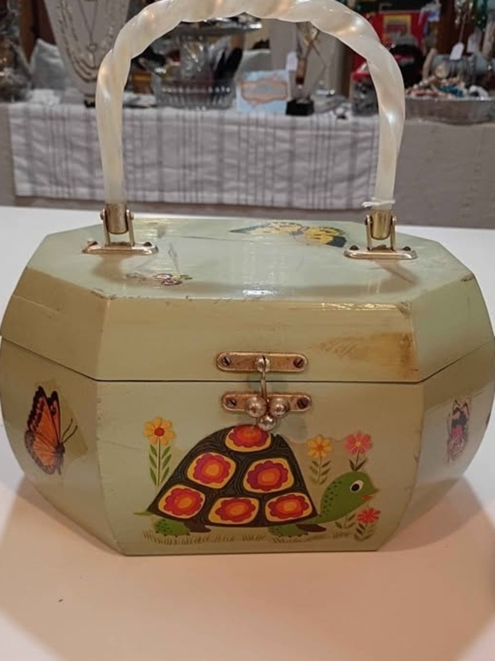 Vintage Green Floral Turtle Jewelry Box with Pearl Handle